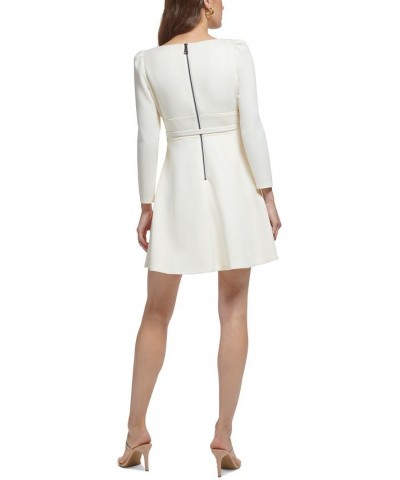 Women's Square-Neck Puff-Shoulder Belted A-Line Dress Ivory/Cream $36.19 Dresses