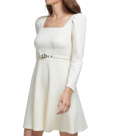 Women's Square-Neck Puff-Shoulder Belted A-Line Dress Ivory/Cream $36.19 Dresses