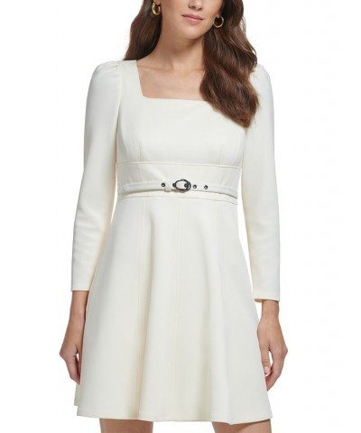 Women's Square-Neck Puff-Shoulder Belted A-Line Dress Ivory/Cream $36.19 Dresses