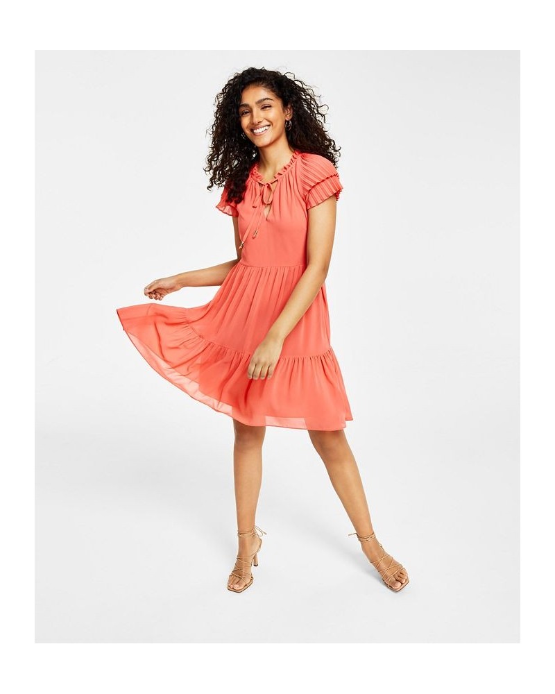 Women's Jewel-Neck Pleat-Sleeve Dress Orange $71.04 Dresses