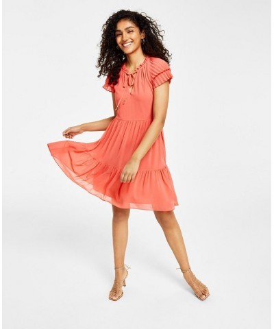 Women's Jewel-Neck Pleat-Sleeve Dress Orange $71.04 Dresses