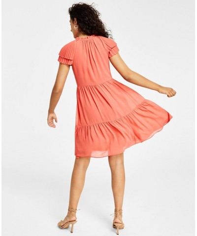 Women's Jewel-Neck Pleat-Sleeve Dress Orange $71.04 Dresses