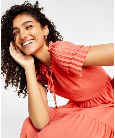 Women's Jewel-Neck Pleat-Sleeve Dress Orange $71.04 Dresses