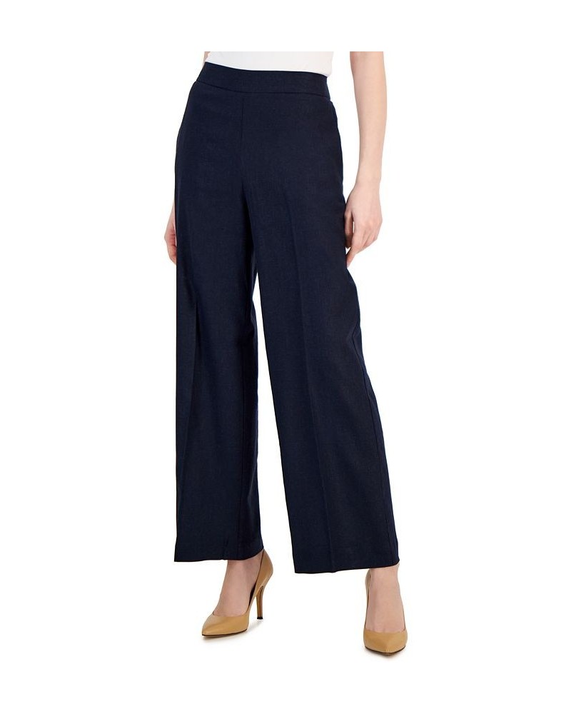 Women's Linen-Blend High-Rise Pull-On Wide-Leg Pants Blue $40.29 Pants