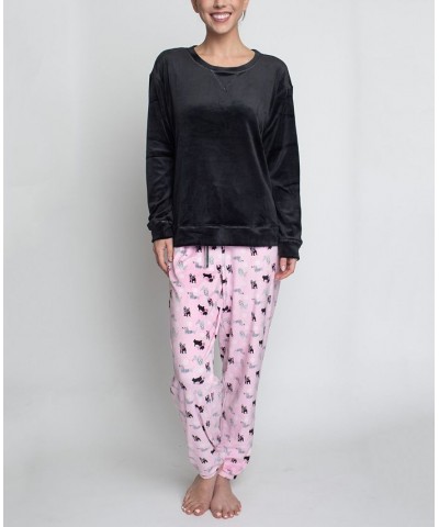 Women's Silky Velour Long Sleeve Top and Jog Style Pant Pajama Set 2 Piece Black $31.90 Sleepwear