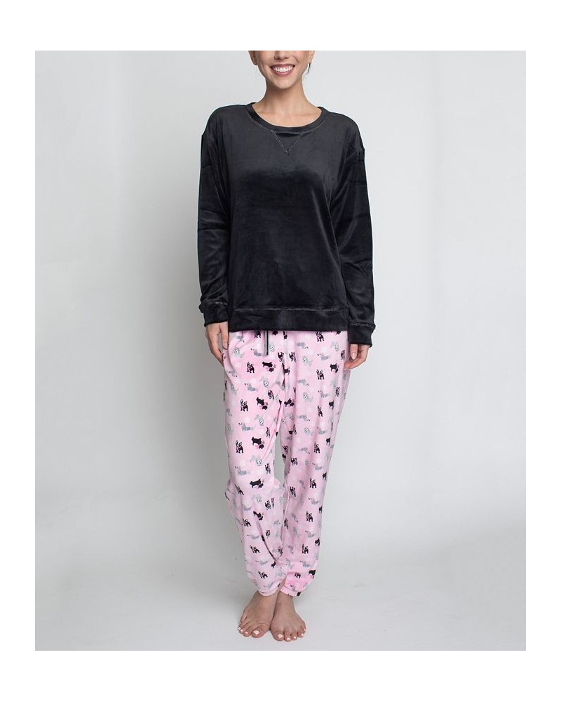 Women's Silky Velour Long Sleeve Top and Jog Style Pant Pajama Set 2 Piece Black $31.90 Sleepwear