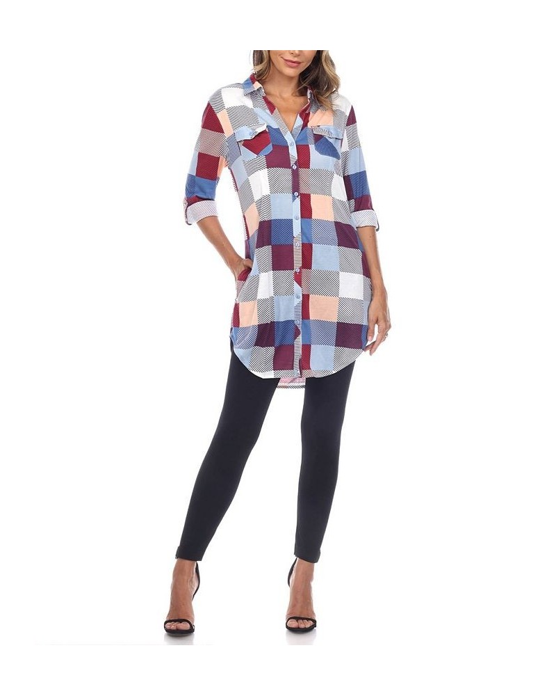 Women's Plaid Tunic Shirt Blue and Burgundy $20.52 Tops