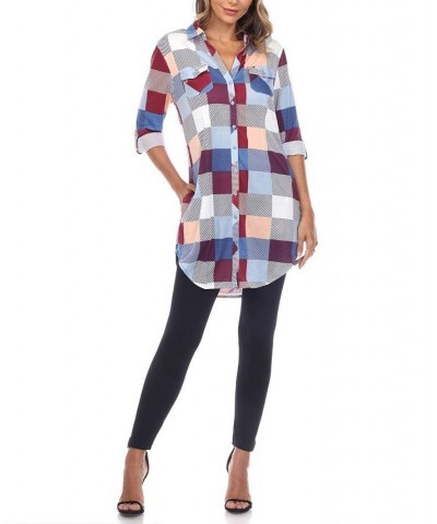 Women's Plaid Tunic Shirt Blue and Burgundy $20.52 Tops