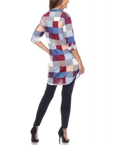 Women's Plaid Tunic Shirt Blue and Burgundy $20.52 Tops