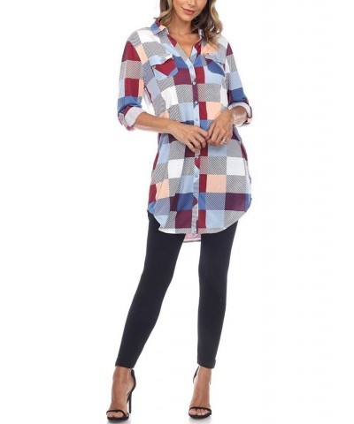 Women's Plaid Tunic Shirt Blue and Burgundy $20.52 Tops