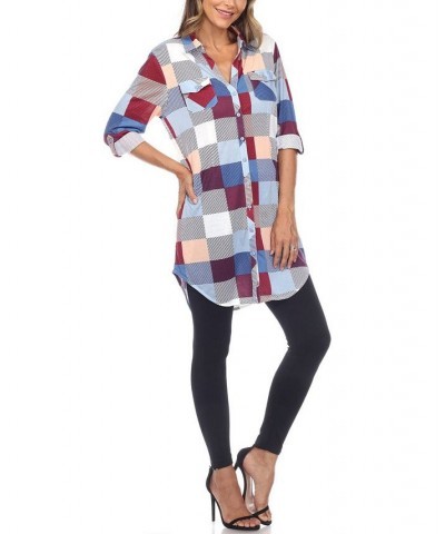 Women's Plaid Tunic Shirt Blue and Burgundy $20.52 Tops