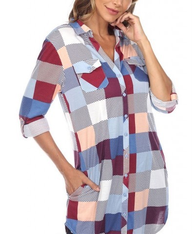 Women's Plaid Tunic Shirt Blue and Burgundy $20.52 Tops