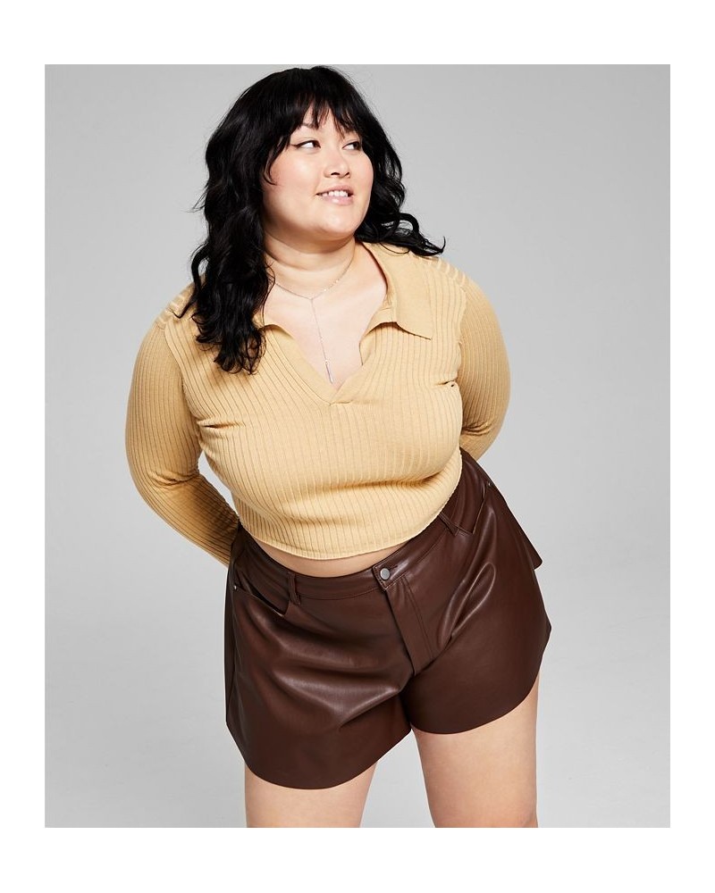 Trendy Plus Size Cropped Polo Top Camel Brown $14.85 Tops