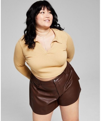 Trendy Plus Size Cropped Polo Top Camel Brown $14.85 Tops